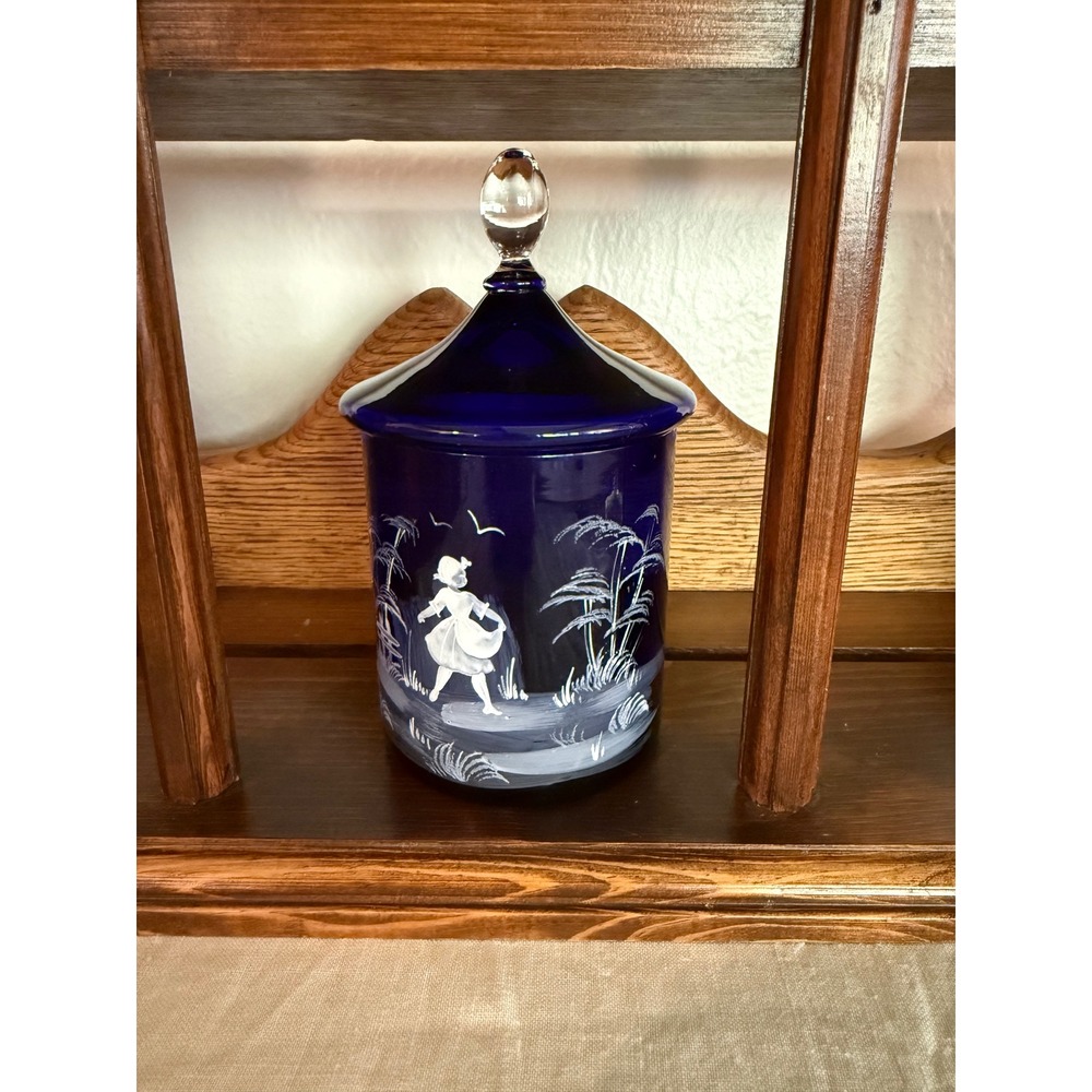 Vintage Cobalt Blue Mary Gregory Style Glass Jar with Lid Hand Painted Girl